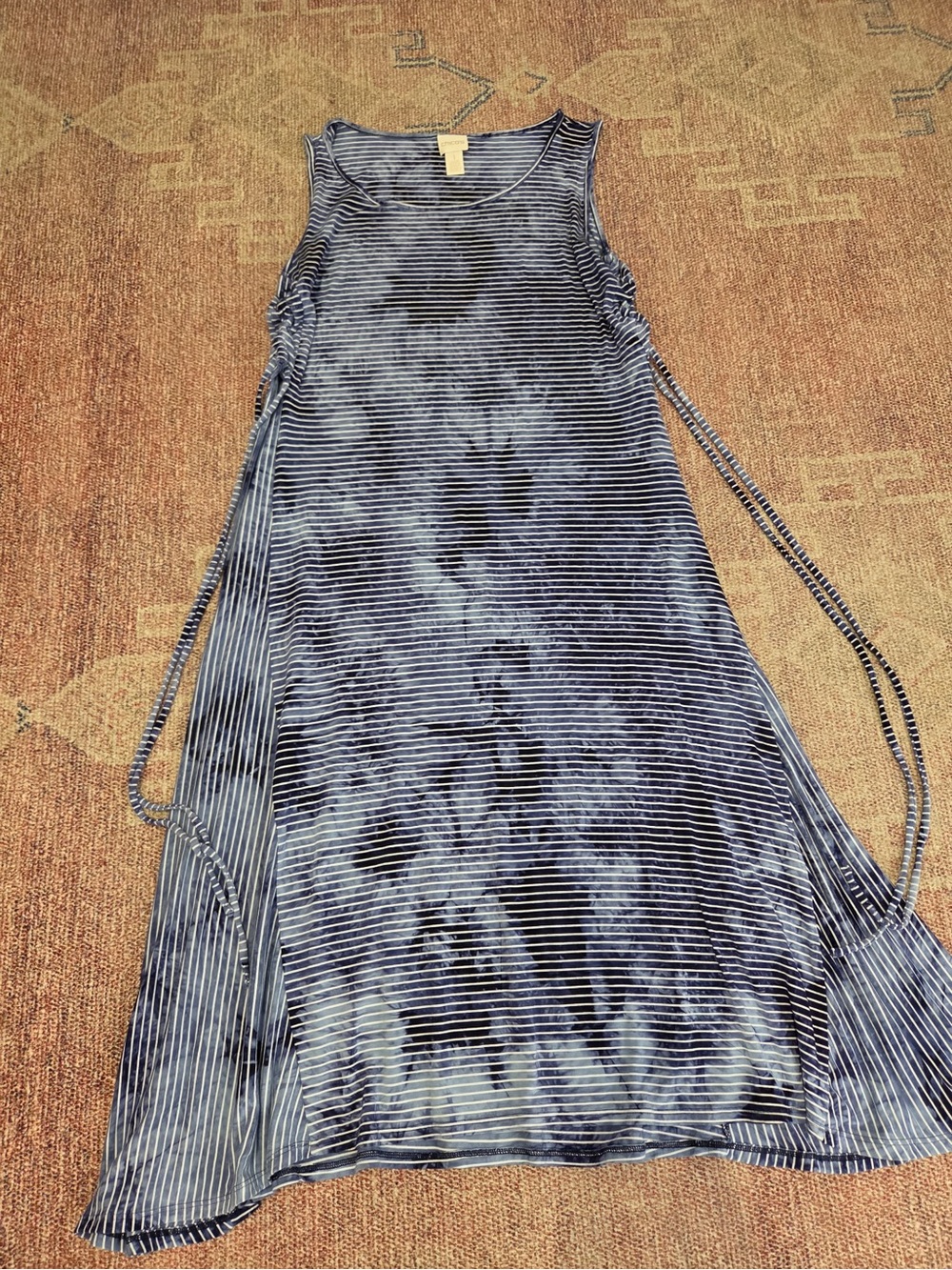 Chicos size 1 sleeveless ruched detail jersey tie dye striped midi dress med